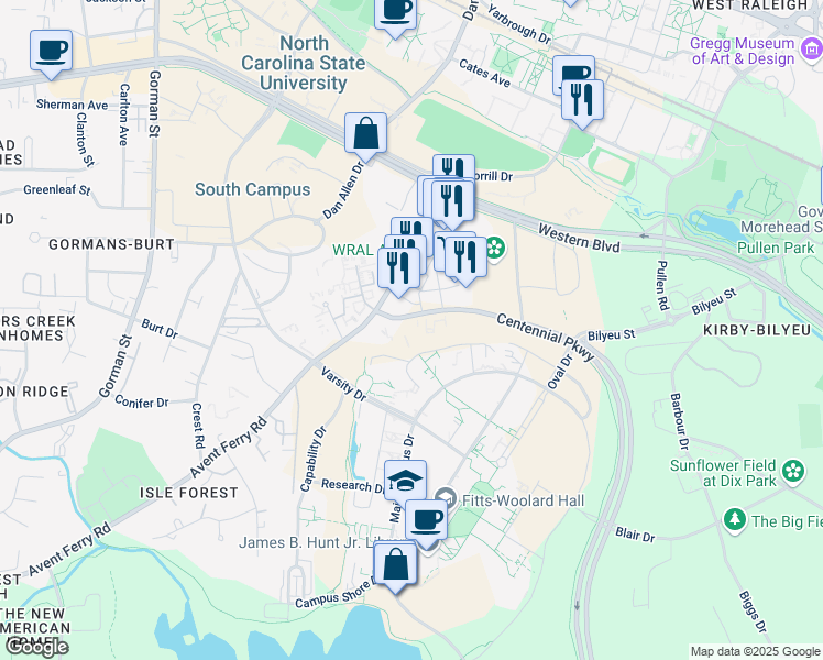 map of restaurants, bars, coffee shops, grocery stores, and more near 705 Centennial Parkway in Raleigh