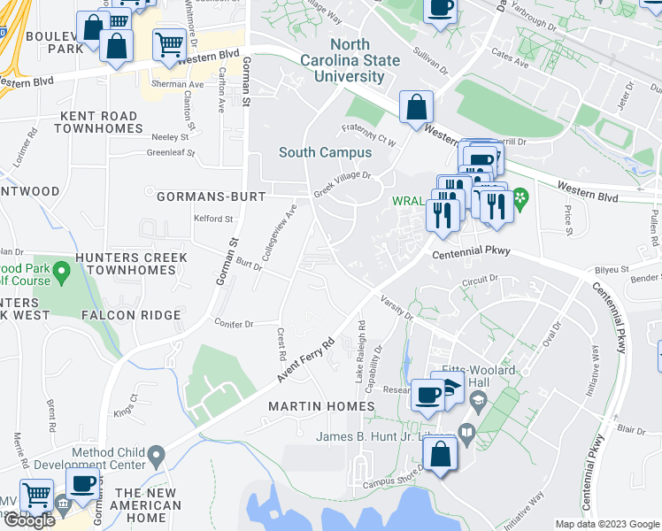 map of restaurants, bars, coffee shops, grocery stores, and more near in Raleigh