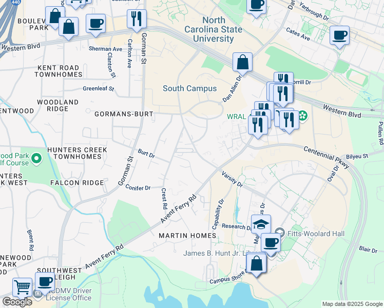 map of restaurants, bars, coffee shops, grocery stores, and more near in Raleigh