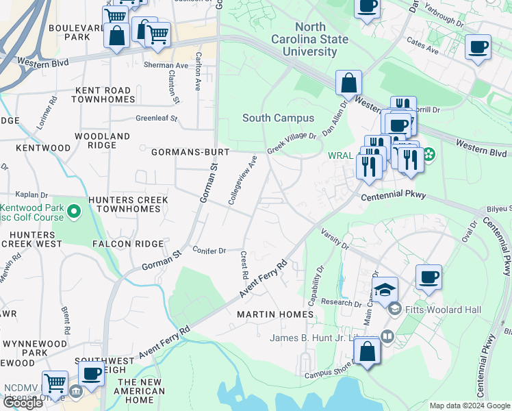 map of restaurants, bars, coffee shops, grocery stores, and more near 1527 Crest Road in Raleigh