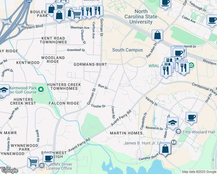 map of restaurants, bars, coffee shops, grocery stores, and more near 3612 Burt Drive in Raleigh