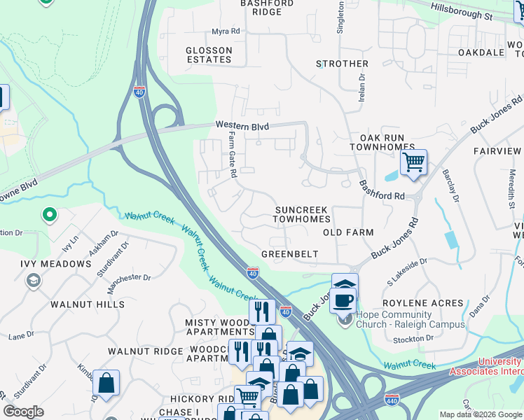 map of restaurants, bars, coffee shops, grocery stores, and more near 6020 Winterpointe Lane in Raleigh