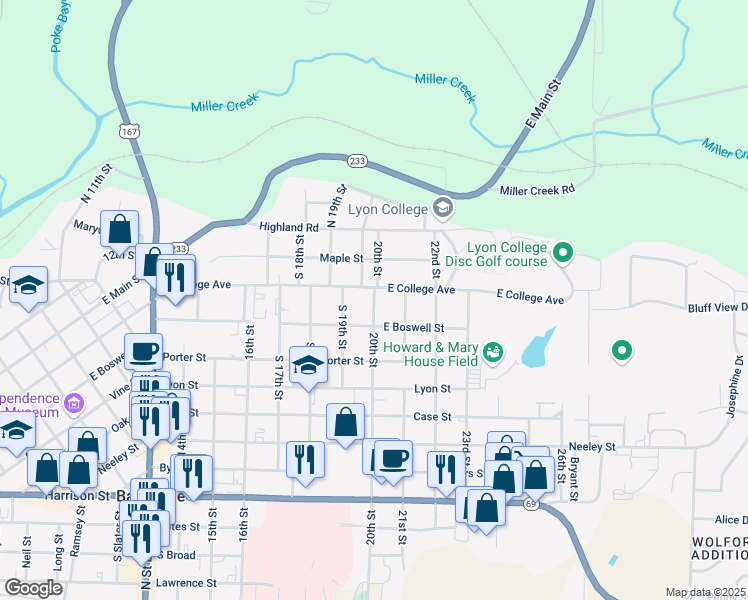 map of restaurants, bars, coffee shops, grocery stores, and more near 1942 East College Street in Batesville