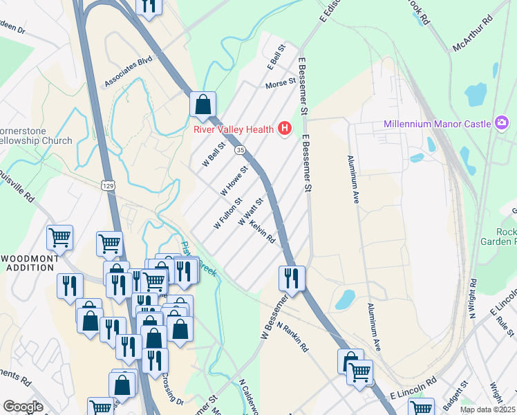 map of restaurants, bars, coffee shops, grocery stores, and more near 133 West Watt Street in Alcoa