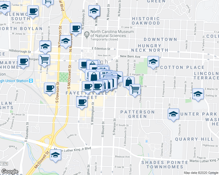 map of restaurants, bars, coffee shops, grocery stores, and more near 214 East Martin Street in Raleigh