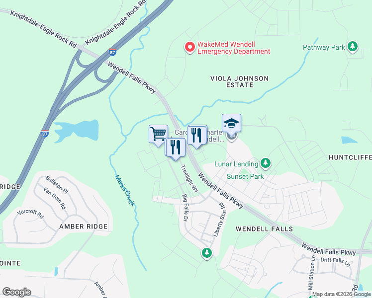 map of restaurants, bars, coffee shops, grocery stores, and more near 6227 Wendell Falls Parkway in Wendell