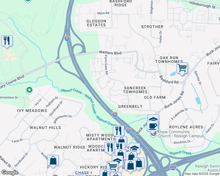 map of restaurants, bars, coffee shops, grocery stores, and more near 6020 Winterpointe Lane in Raleigh