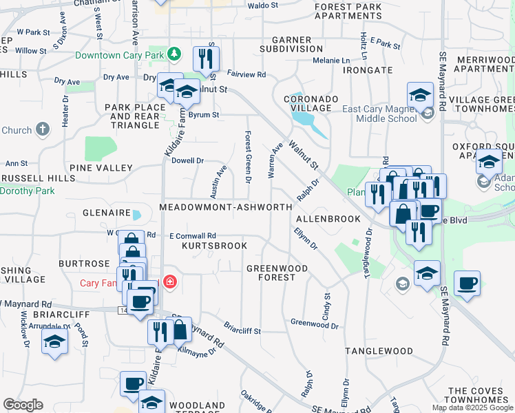 map of restaurants, bars, coffee shops, grocery stores, and more near 302 Meadow Drive in Cary