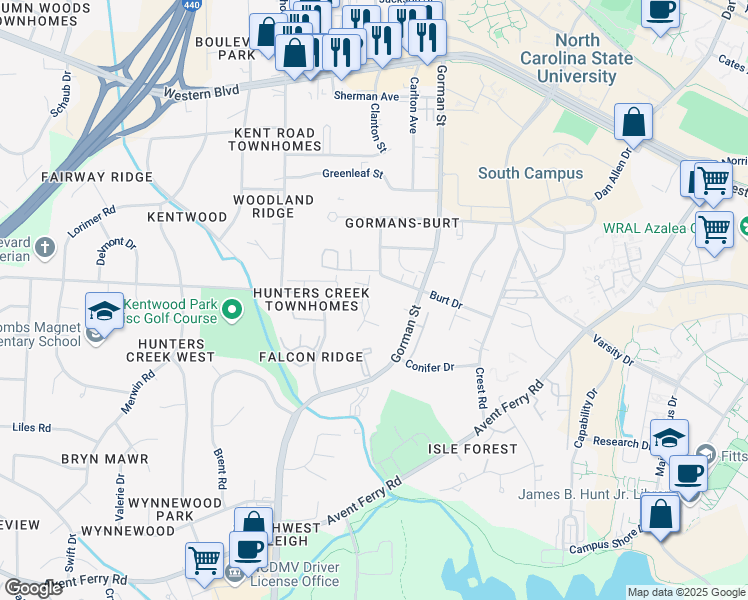 map of restaurants, bars, coffee shops, grocery stores, and more near 1811 Fox Sterling Drive in Raleigh