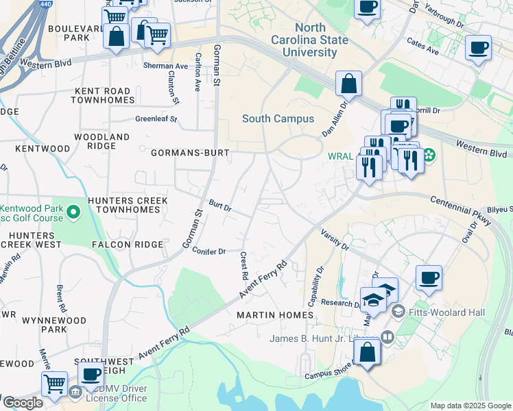 map of restaurants, bars, coffee shops, grocery stores, and more near 3500 Ivy Commons Drive in Raleigh