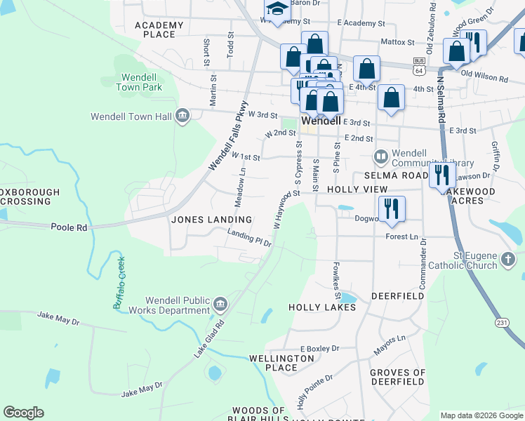 map of restaurants, bars, coffee shops, grocery stores, and more near 1 Jones Wood Ct in Wendell