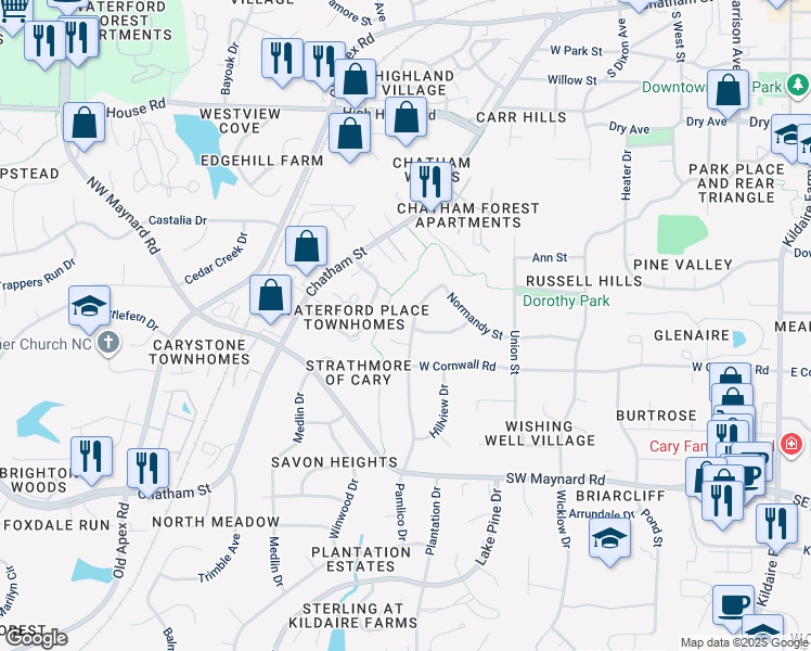 map of restaurants, bars, coffee shops, grocery stores, and more near 814 Pamlico Drive in Cary
