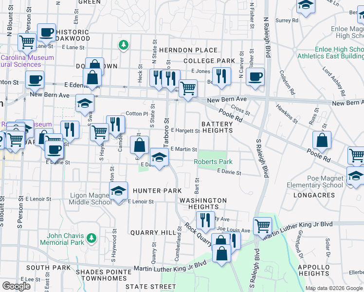 map of restaurants, bars, coffee shops, grocery stores, and more near 1119 East Martin Street in Raleigh