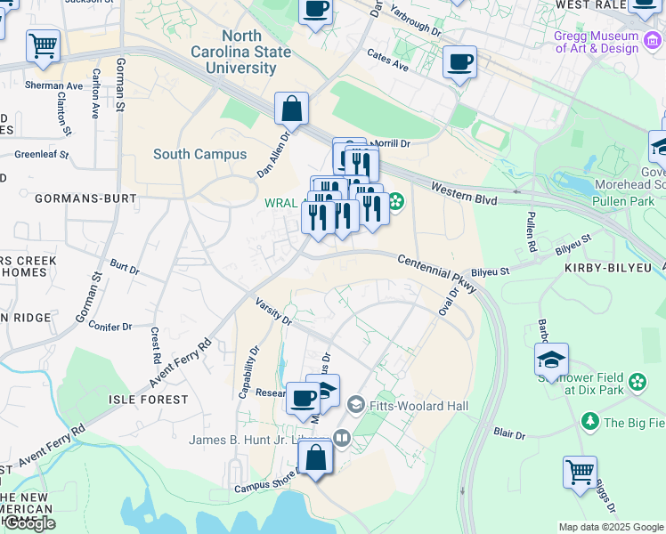 map of restaurants, bars, coffee shops, grocery stores, and more near 705 Centennial Parkway in Raleigh
