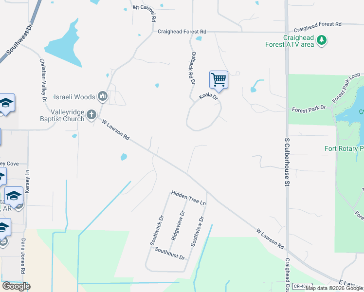 map of restaurants, bars, coffee shops, grocery stores, and more near 1012 West Lawson Road in Jonesboro