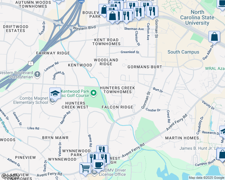 map of restaurants, bars, coffee shops, grocery stores, and more near 4344 Hunters Club Drive in Raleigh