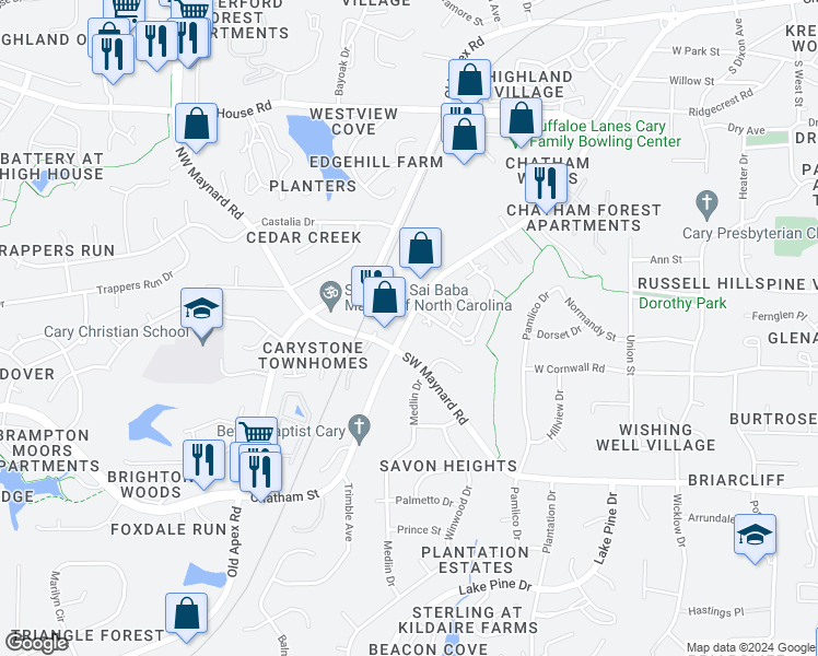 map of restaurants, bars, coffee shops, grocery stores, and more near 943 West Chatham Street in Cary