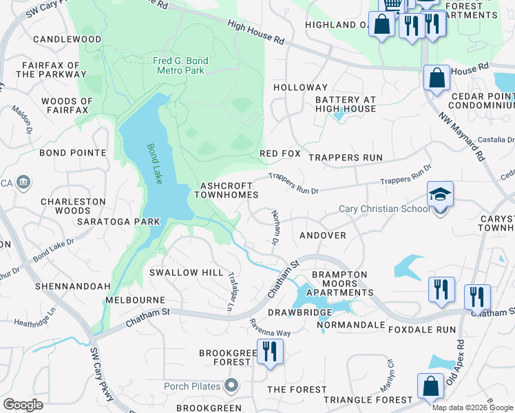 map of restaurants, bars, coffee shops, grocery stores, and more near 214 Norham Drive in Cary