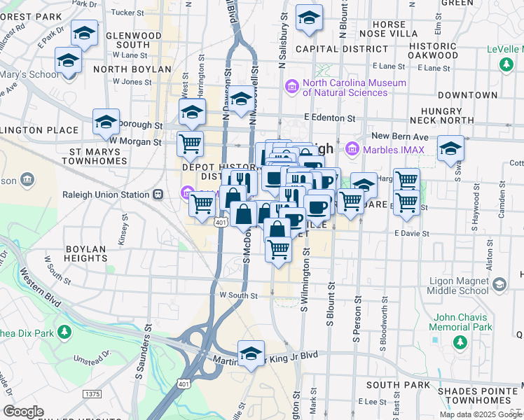 map of restaurants, bars, coffee shops, grocery stores, and more near 300 South Salisbury Street in Raleigh