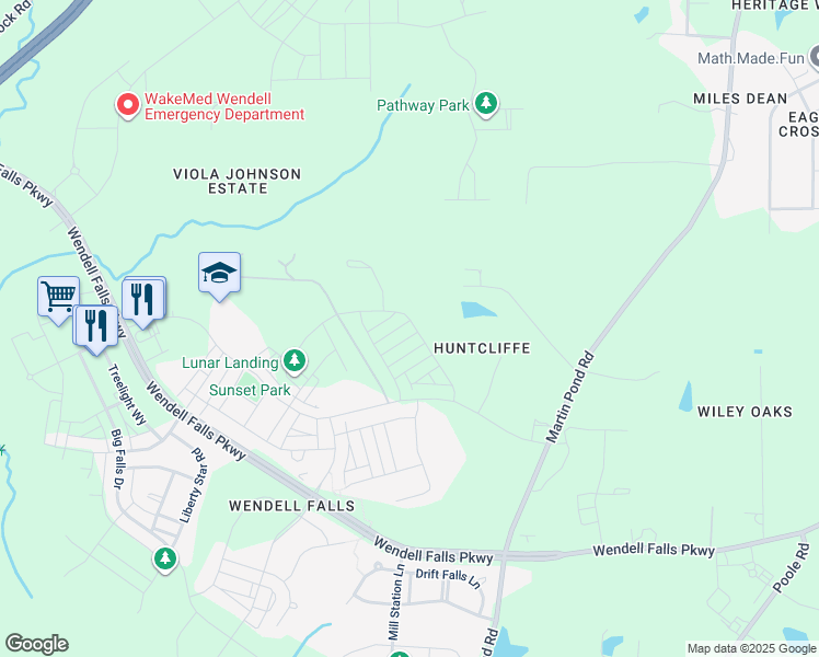 map of restaurants, bars, coffee shops, grocery stores, and more near 1600 Sandy Prairie Drive in Wendell