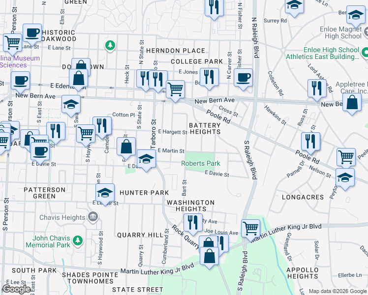 map of restaurants, bars, coffee shops, grocery stores, and more near 1215 East Martin Street in Raleigh
