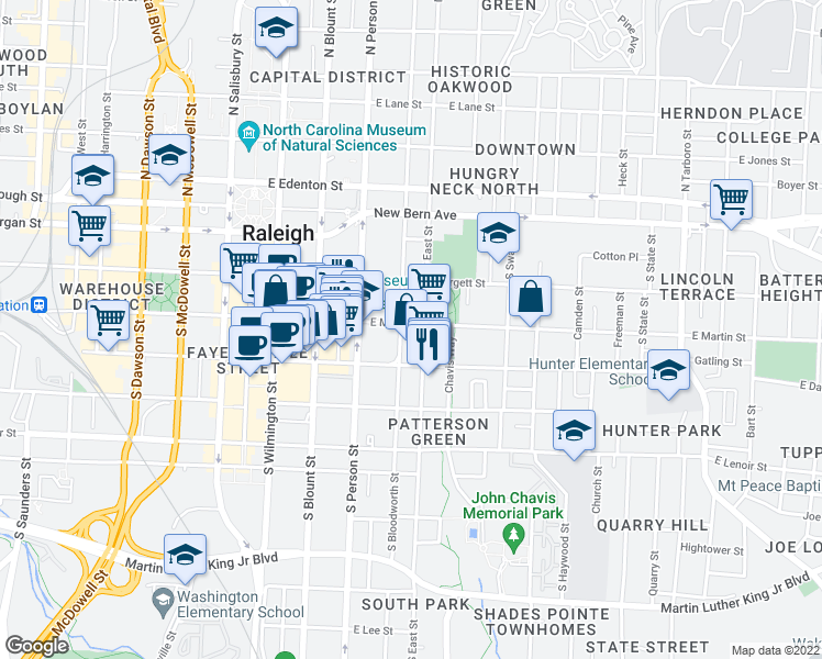 map of restaurants, bars, coffee shops, grocery stores, and more near 408 East Martin Street in Raleigh