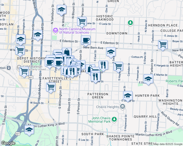 map of restaurants, bars, coffee shops, grocery stores, and more near 408 East Martin Street in Raleigh