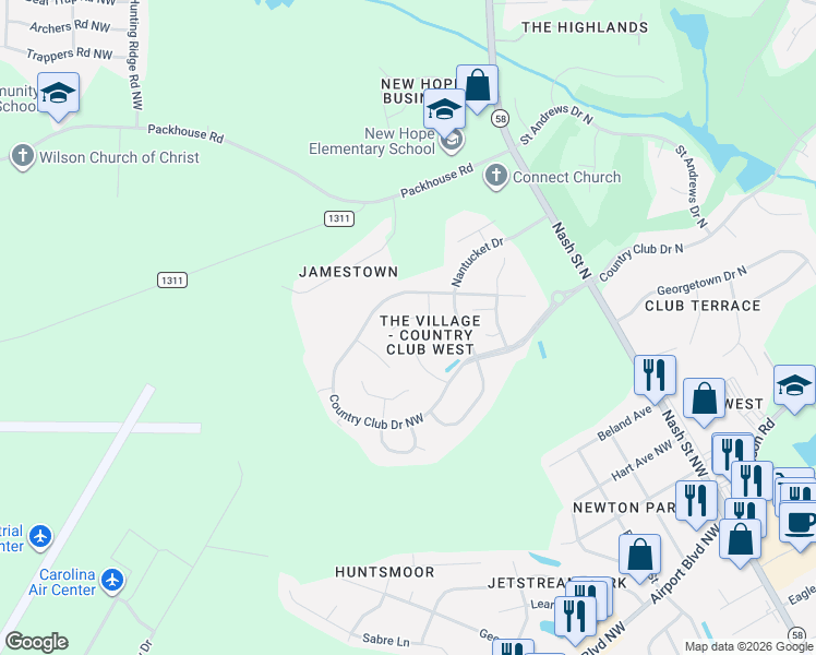map of restaurants, bars, coffee shops, grocery stores, and more near 4707 Winthrop Court Northwest in Wilson