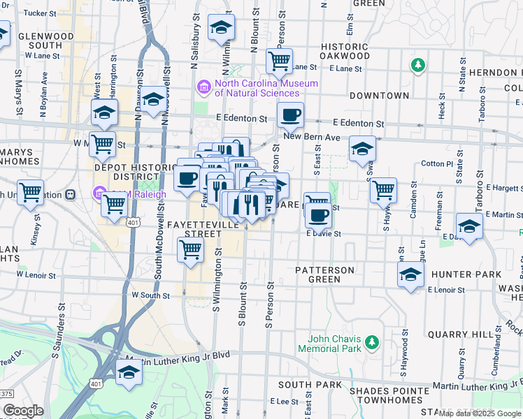 map of restaurants, bars, coffee shops, grocery stores, and more near 214 East Martin Street in Raleigh