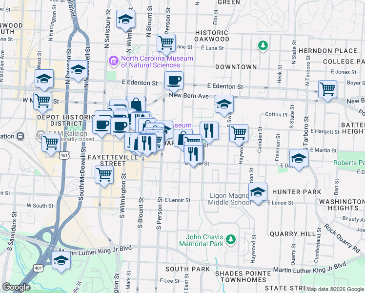 map of restaurants, bars, coffee shops, grocery stores, and more near 408 East Martin Street in Raleigh