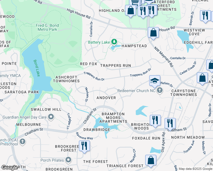 map of restaurants, bars, coffee shops, grocery stores, and more near 104 Kalida Court in Cary