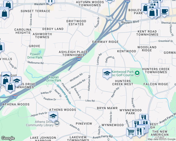 map of restaurants, bars, coffee shops, grocery stores, and more near 5002 Wickham Road in Raleigh