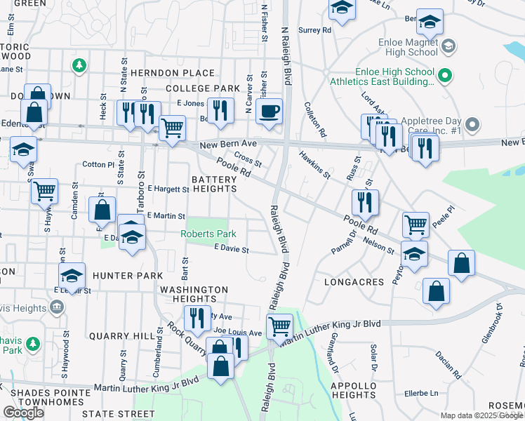 map of restaurants, bars, coffee shops, grocery stores, and more near 1537 Battery Drive in Raleigh