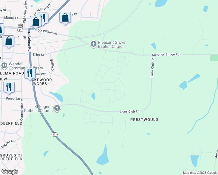map of restaurants, bars, coffee shops, grocery stores, and more near 629 Corvair Lane in Wendell