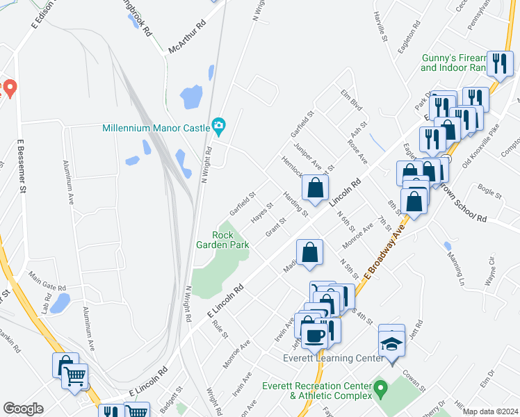 map of restaurants, bars, coffee shops, grocery stores, and more near 241 Roosevelt Street in Alcoa