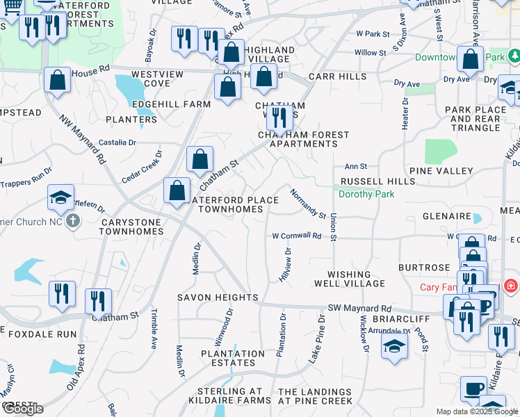 map of restaurants, bars, coffee shops, grocery stores, and more near 814 Pamlico Drive in Cary