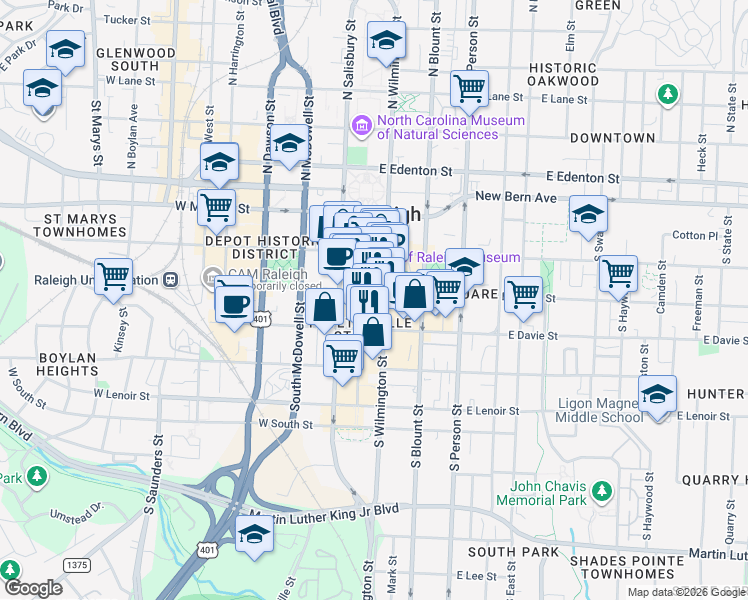 map of restaurants, bars, coffee shops, grocery stores, and more near 301 Fayetteville Street in Raleigh