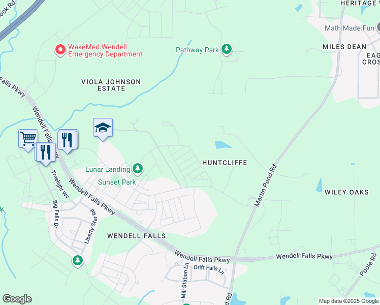 map of restaurants, bars, coffee shops, grocery stores, and more near 1600 Sandy Prairie Drive in Wendell