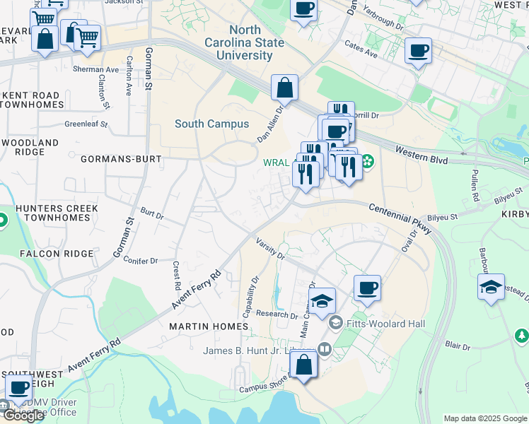 map of restaurants, bars, coffee shops, grocery stores, and more near 1550 Lilley Court in Raleigh