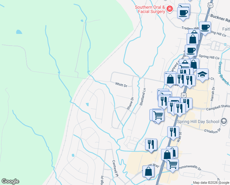 map of restaurants, bars, coffee shops, grocery stores, and more near 1714 Dublin Court in Spring Hill