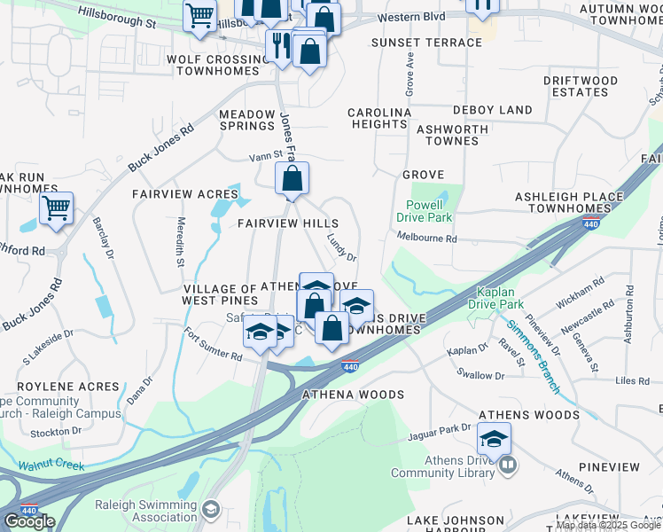 map of restaurants, bars, coffee shops, grocery stores, and more near 901 Athens Drive in Raleigh