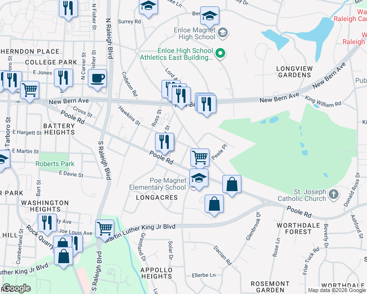 map of restaurants, bars, coffee shops, grocery stores, and more near 213 Lord Anson Drive in Raleigh