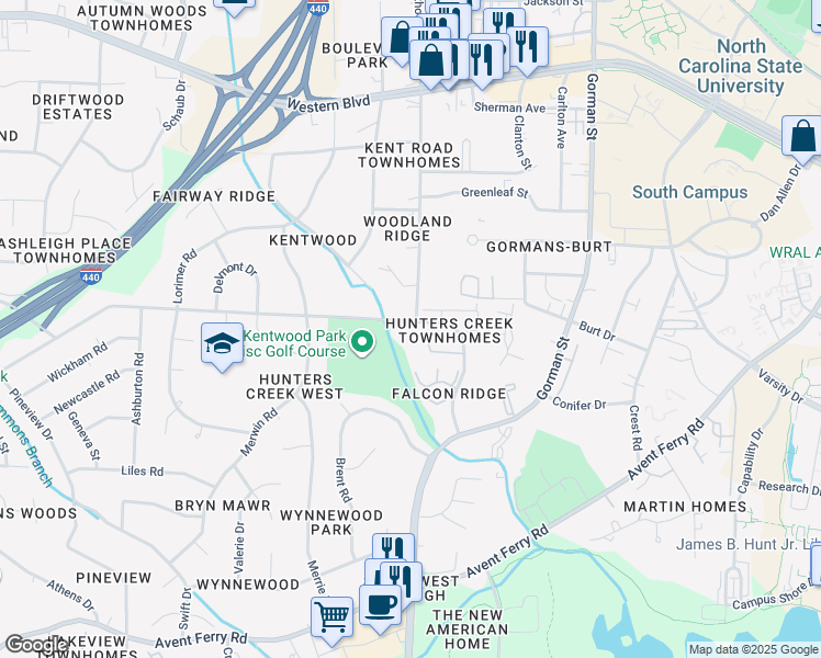 map of restaurants, bars, coffee shops, grocery stores, and more near 4409 Kaplan Drive in Raleigh