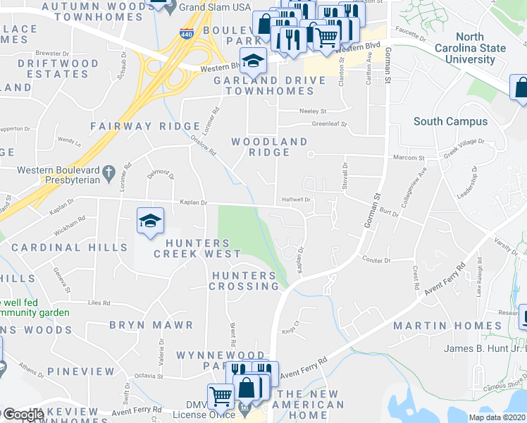 map of restaurants, bars, coffee shops, grocery stores, and more near 4409 Kaplan Drive in Raleigh