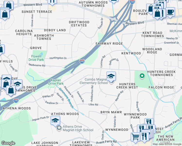 map of restaurants, bars, coffee shops, grocery stores, and more near 5002 Wickham Road in Raleigh