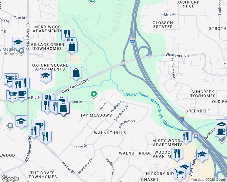 map of restaurants, bars, coffee shops, grocery stores, and more near 937 Ivy Lane in Cary