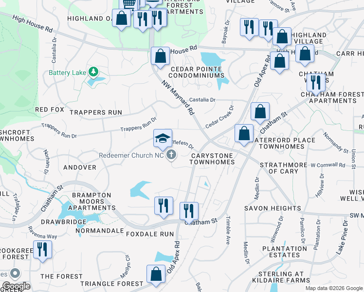 map of restaurants, bars, coffee shops, grocery stores, and more near 109 Castlefern Drive in Cary