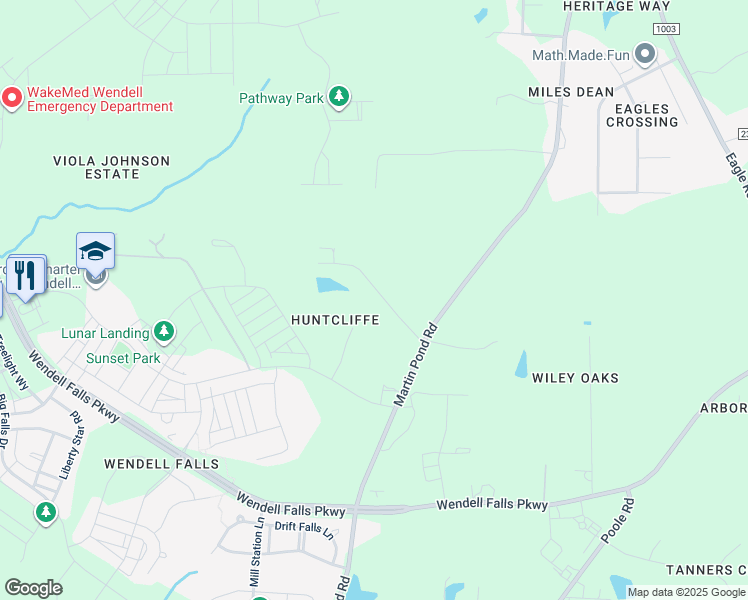 map of restaurants, bars, coffee shops, grocery stores, and more near 6517 Hidden Pond Road in Wendell