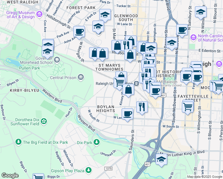 map of restaurants, bars, coffee shops, grocery stores, and more near 308 South Boylan Avenue in Raleigh