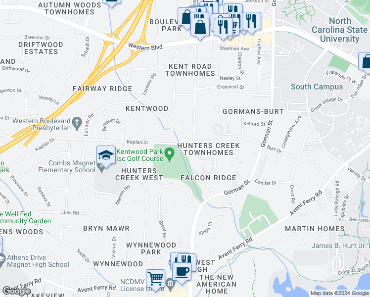 map of restaurants, bars, coffee shops, grocery stores, and more near 4415 Kaplan Drive in Raleigh